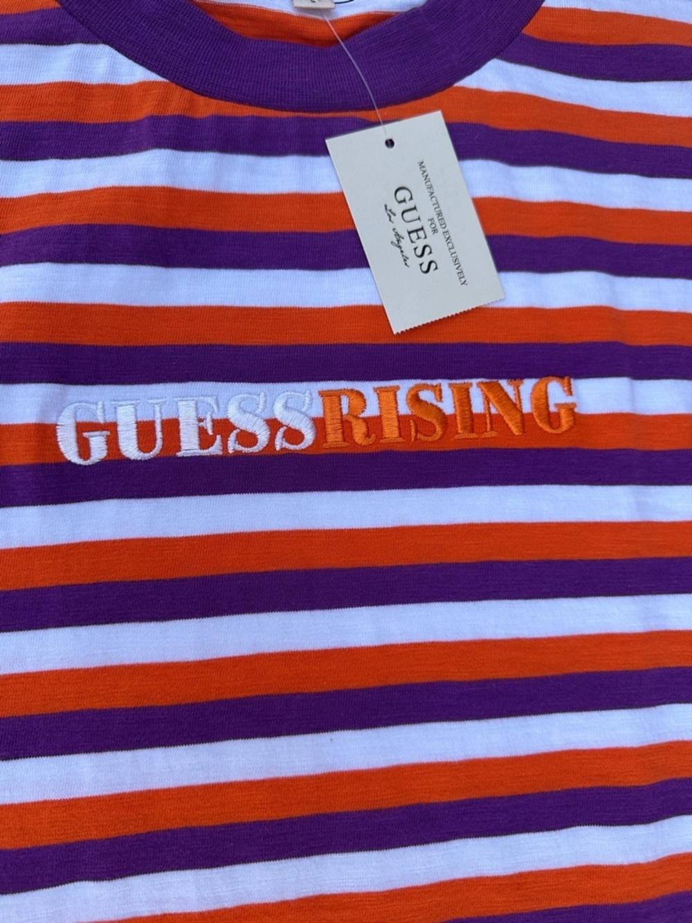 New GUESS ORIGINALS Purple Orange White Striped Short Sleeve Tee SZ L - Picture 9 of 9